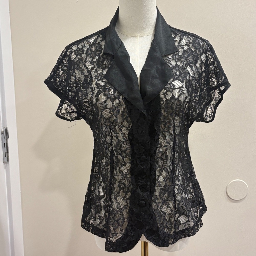 VTG 80s Victorias Secret Gold Label Black Floral Lace Sheer Lingerie Top‎ Small